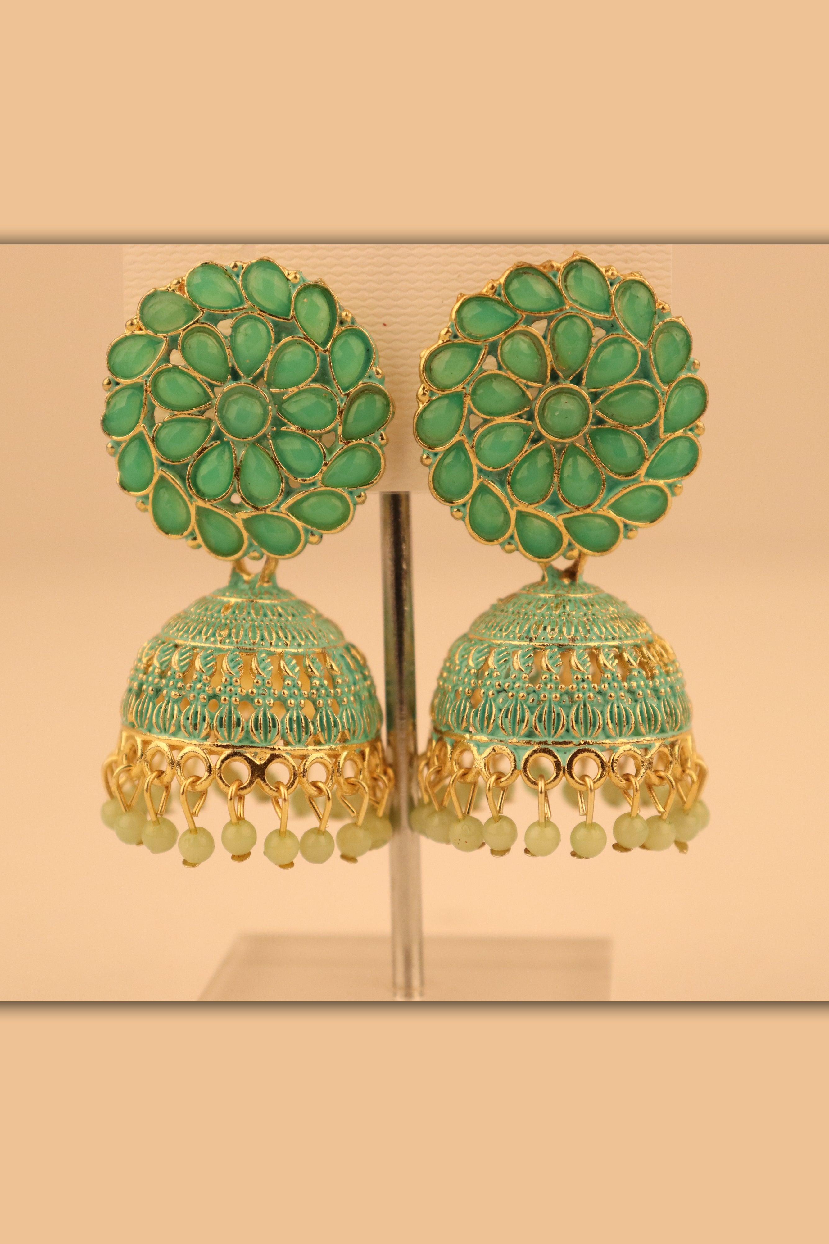 FLORAL PATTERN STONE WORK JHUMKA EARRINGS GRABO365