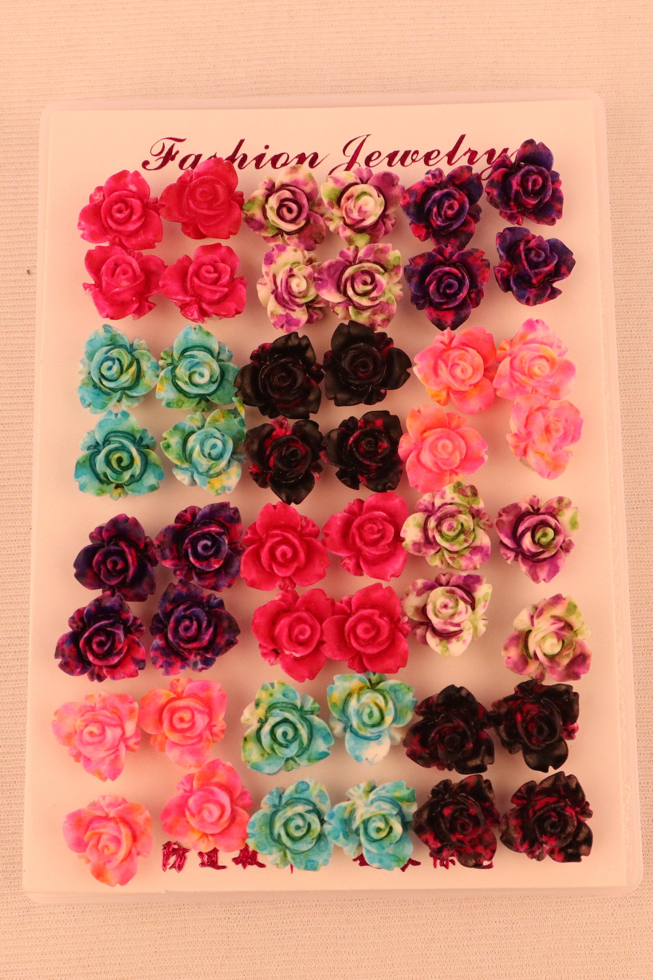 MULTICOLOUR FANCY FLOWER EARRINGS STUD COMBO PACK OF 24 PAIRS GRABO365