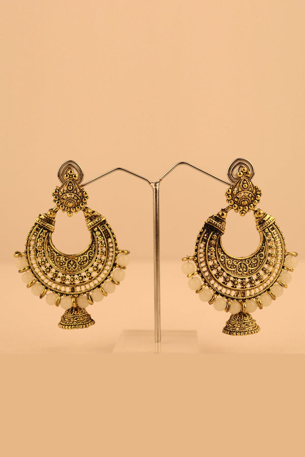 GOLD PLATED OXIDIZED DANGLER EARRINGS WITH WHITE  BEAD DROPS GRABO365