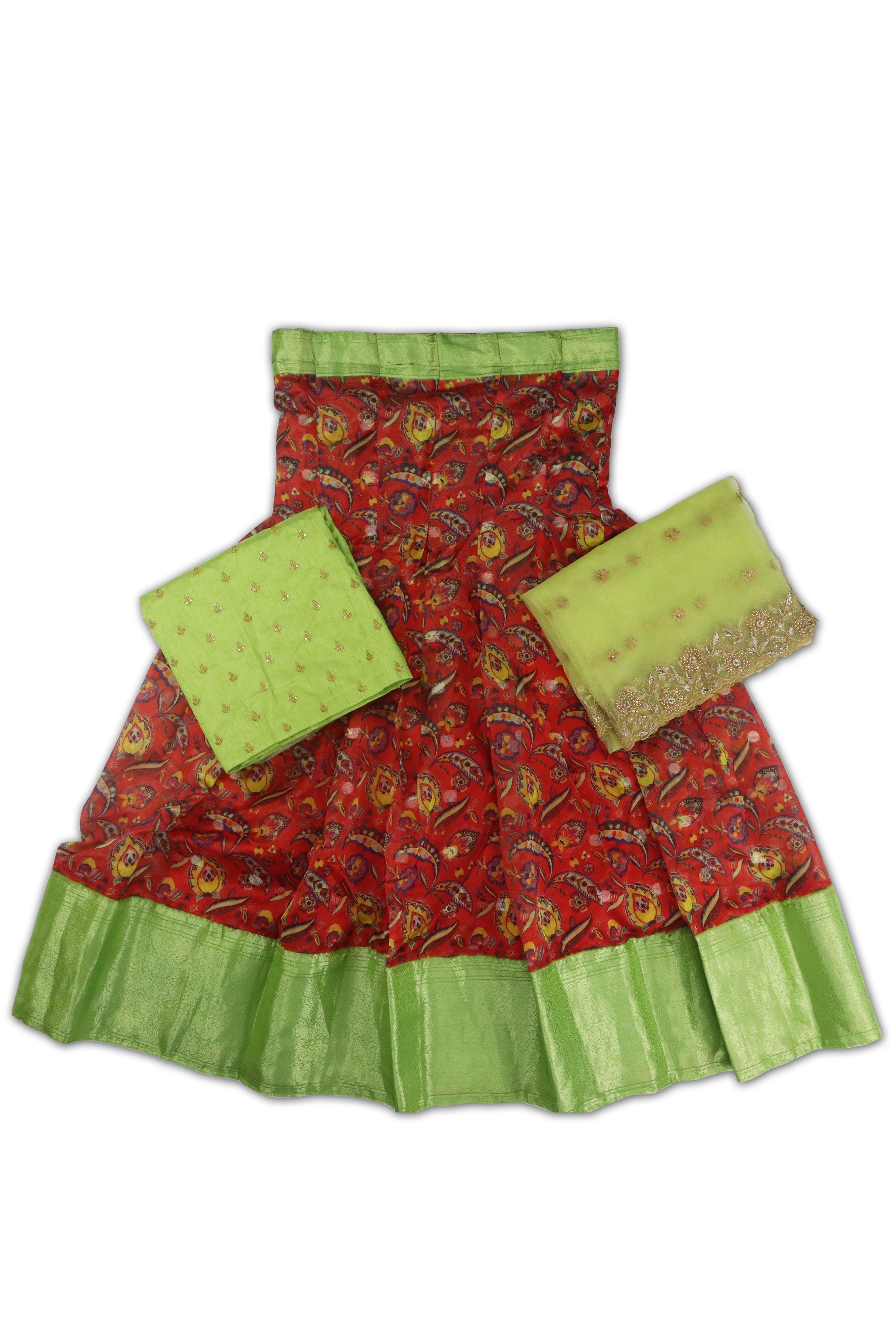 WOMEN'S RED & MINT GREEN SEMI STITCHED LEHENGA CHOLI WITH DUPATTA GRABO365