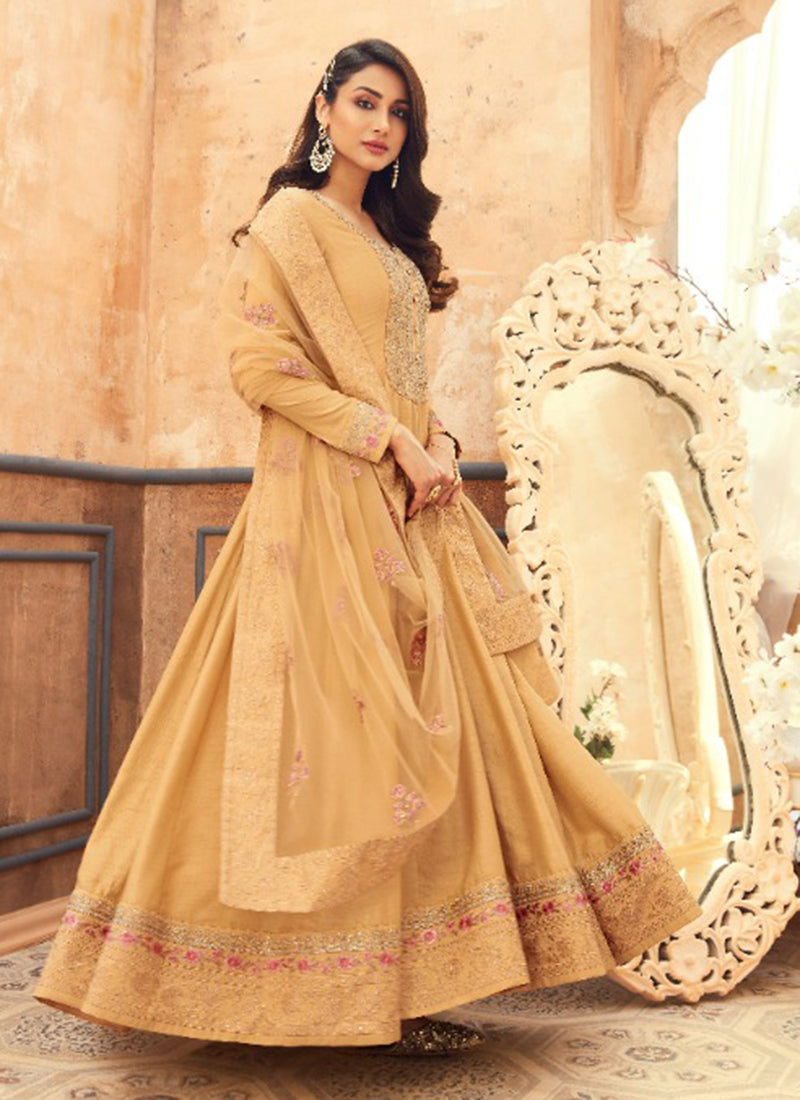 WEDDING WEAR BEIGE COLOUR HANDWORK DOLA SILK HEAVY ANARKALI SUIT GRABO365