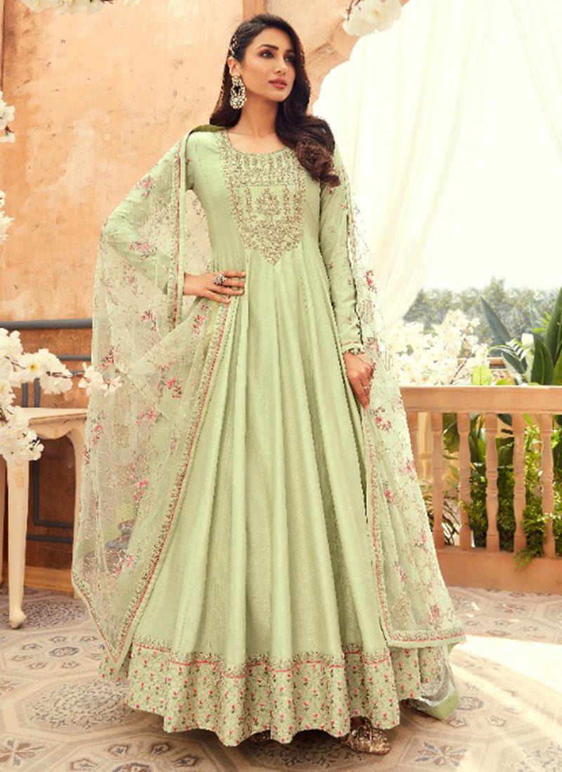 WEDDING WEAR SEA GREEN HANDWORK DOLA SILK HEAVY ANARKALI SUIT GRABO365