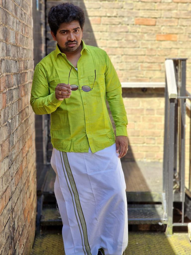 MEN'S MATCHING FANCY BORDER SINGLE DHOTI & SHIRT SET- LIME GREEN GRABO365